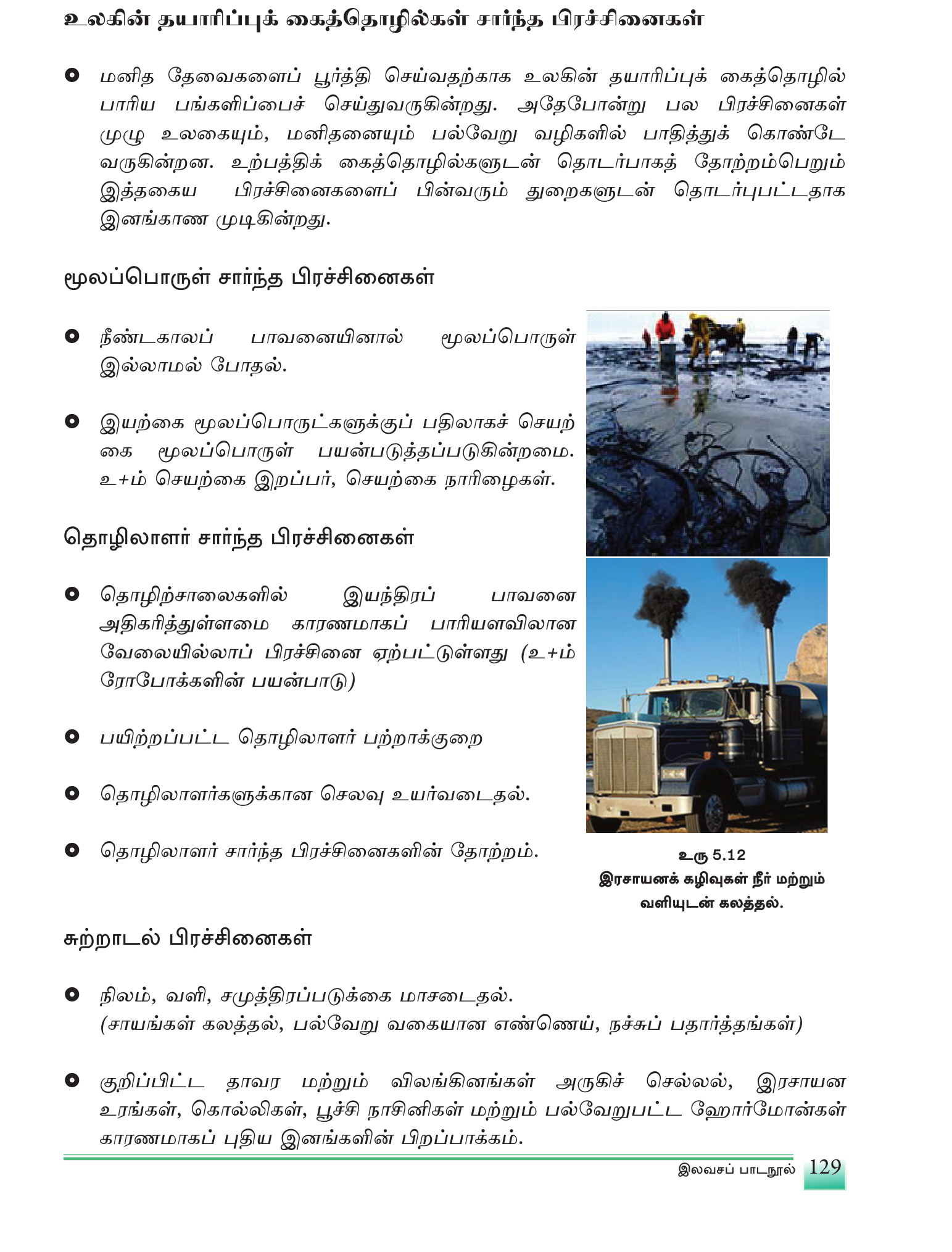 உரு 5.12 — இரசாயனக் கழிவு நீர் வயலில் / நீர்த்தடியில் கலந்து பயிர், மீன், சுகாதாரம் சேதம்.