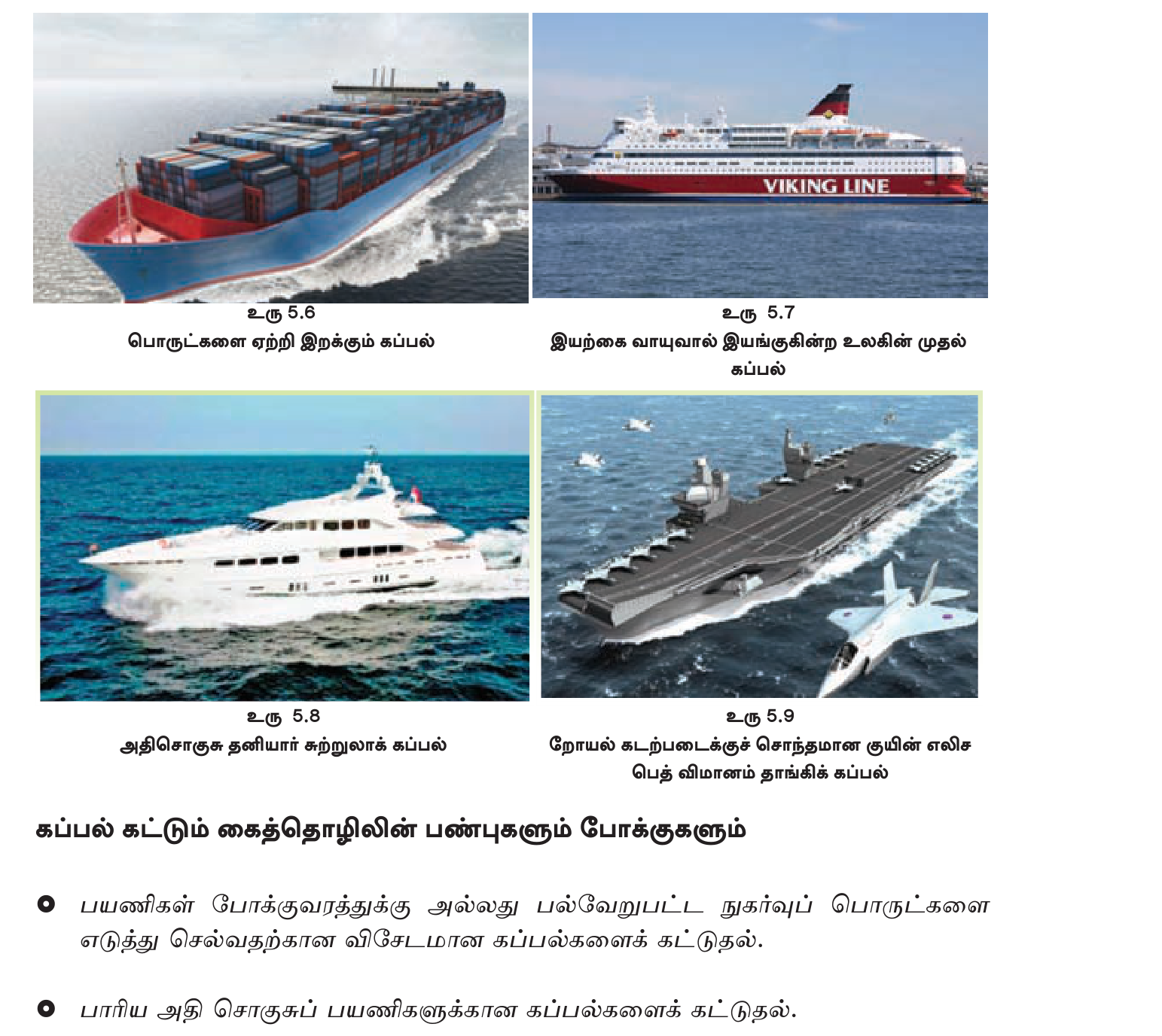 உரு 5.6 / 5.7 / 5.8 / 5.9 — பல வகைக் கப்பல்கள்: சரக்குக் கொள்கலன் கப்பல், இயற்கை வாயு கப்பல் (LNG), சூப்பர் யாட், விமானம் தாங்கி கப்பல்.