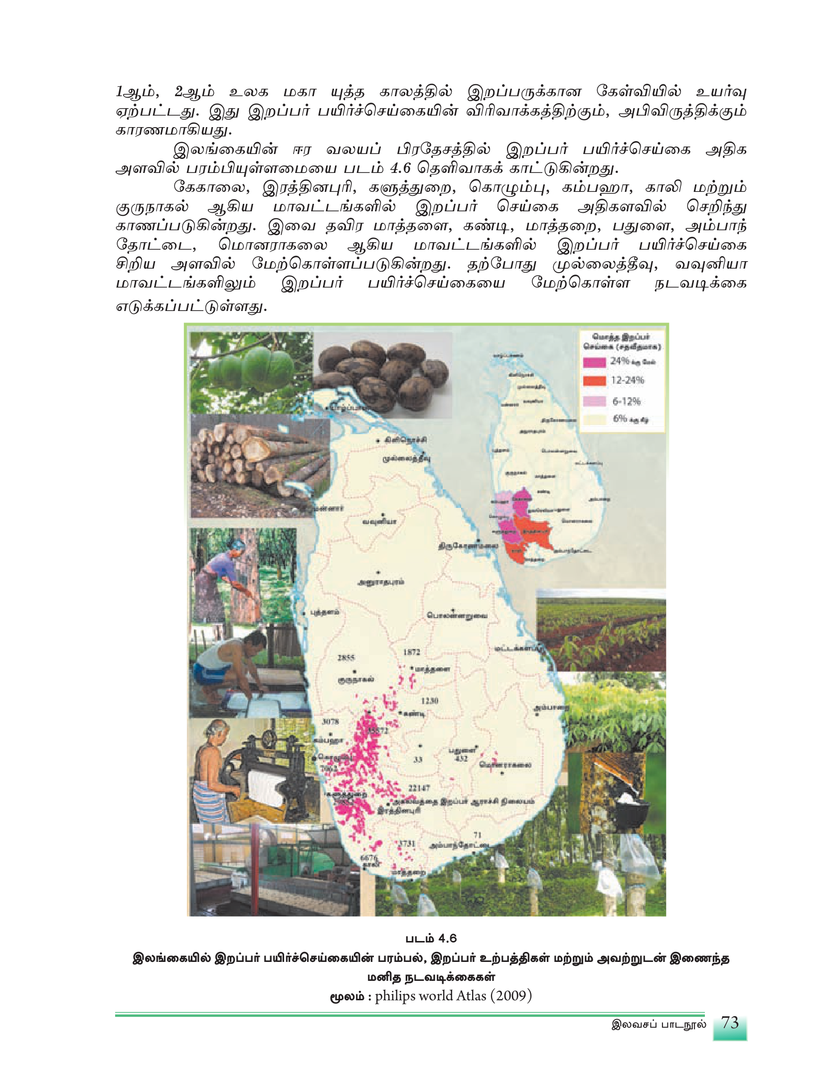 படம் 4.6 — இலங்கையில் இரப்பர் பயிர்ச்செய்கையின் பரம்பல் — களுத்துறை, கேகாலை, இரத்தினபுரி மையமாகக் கொண்ட பகுதிகள்.