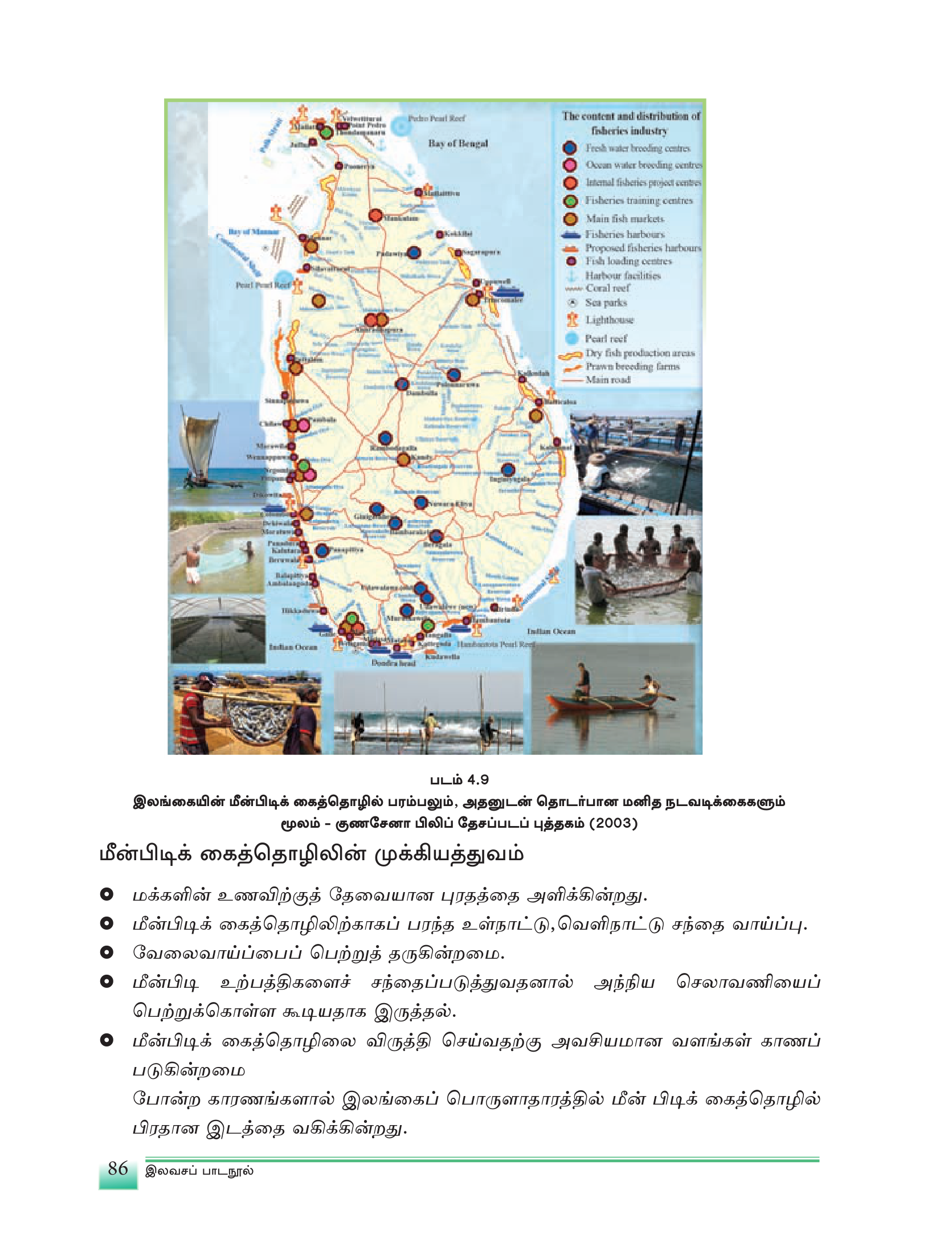 படம் 4.9 — இலங்கையில் மீன்பிடிக் கைத்தொழிலின் பரம்பல், அதனோடு தொடர்பான வளங்கள் + துறைமுகங்கள்.