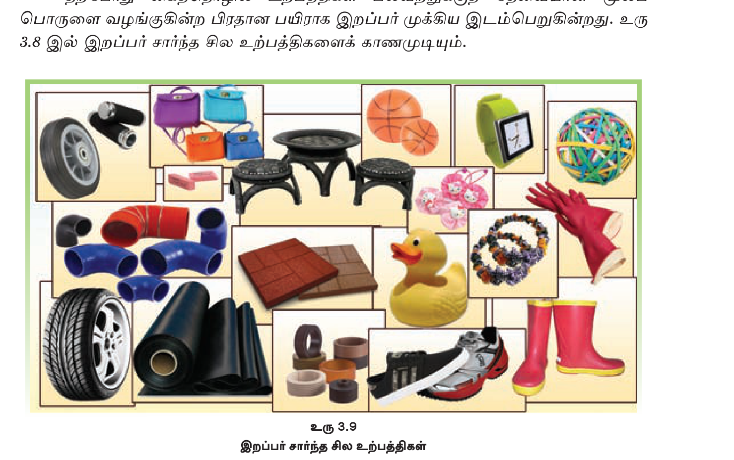 உரு 3.10 — இறப்பரில் இருந்து தயாரிக்கப்படும் பல்வேறு பொருட்கள் — ஆயிரத்திற்கும் மேற்பட்ட பயன்பாடுகள்.