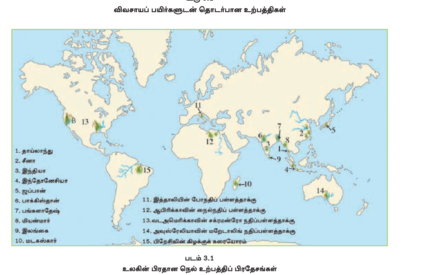 படம் 3.1 — உலகின் பிரதான நெல் உற்பத்திப் பிரதேசங்கள். ஆசியாவின் பருவக் காற்றுப் பகுதிகளில் கூட்டமாகக் காணப்படுவதைக் கவனிக்கவும்.