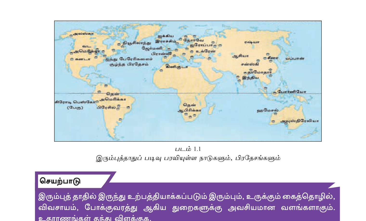 உரு 1.11 — உலகின் இரும்புத் தாது (iron ore) படிவுகள்: சீனா, ஆஸ்திரேலியா, பிரசில், இந்தியா, ருஷ்யா.