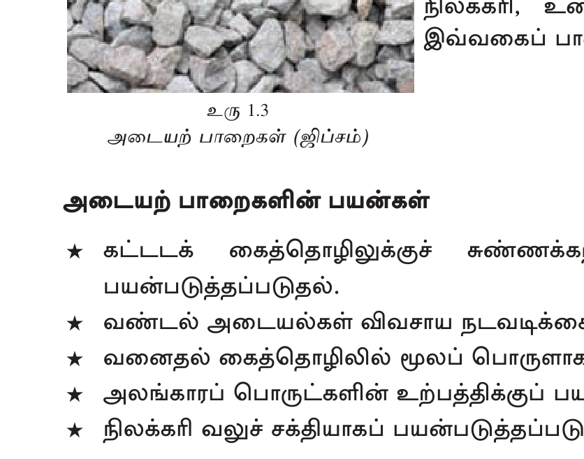 உரு 1.3 — படிவுப் பாறை: ஆற்று வண்டல், கடல் தடி படிவம் காலத்தோடு கெட்டி பாறையாகியது. சுண்ணாம்புக் கல், மணற்கல் முக்கிய எடுத்துக்காட்டுகள்.