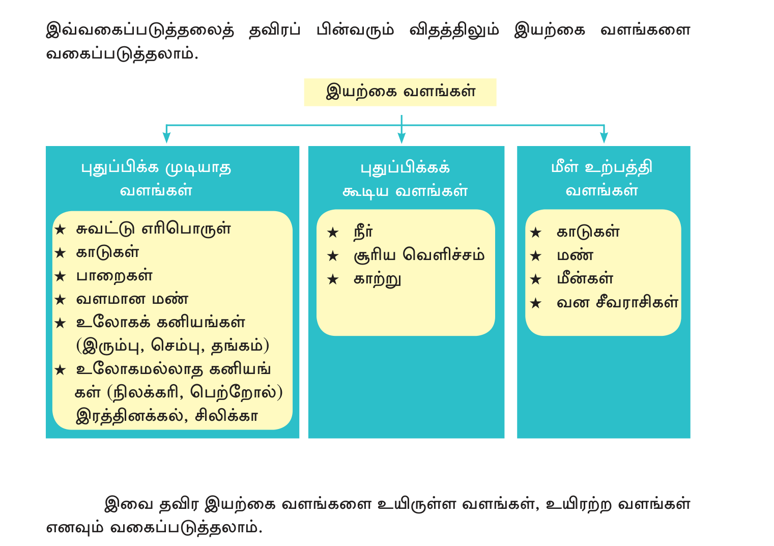 உரு 1.1 — இயற்கை வளங்களின் வகைப்பாட்டு வரைபடம்: புதுப்பிக்கத்தக்கவை vs புதுப்பிக்க முடியாதவை.