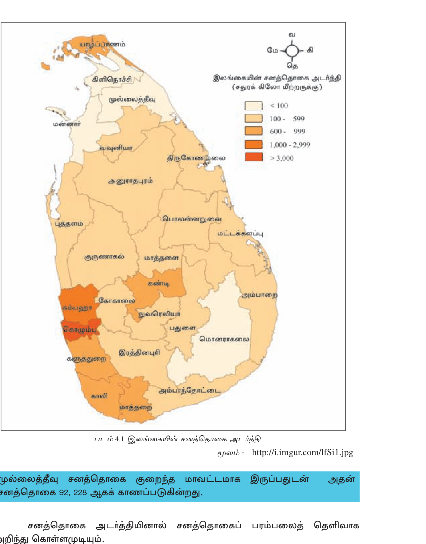 படம் 4.4 — இலங்கையின் சனத்தொகை அடர்த்தி (மாவட்டம் வாரியாக, 2012). கொழும்பு அடர்ந்த மண்ணெய் நிறம்; வடக்கு–கிழக்கு வெளிர் நிறம் = குறைந்த அடர்த்தி.