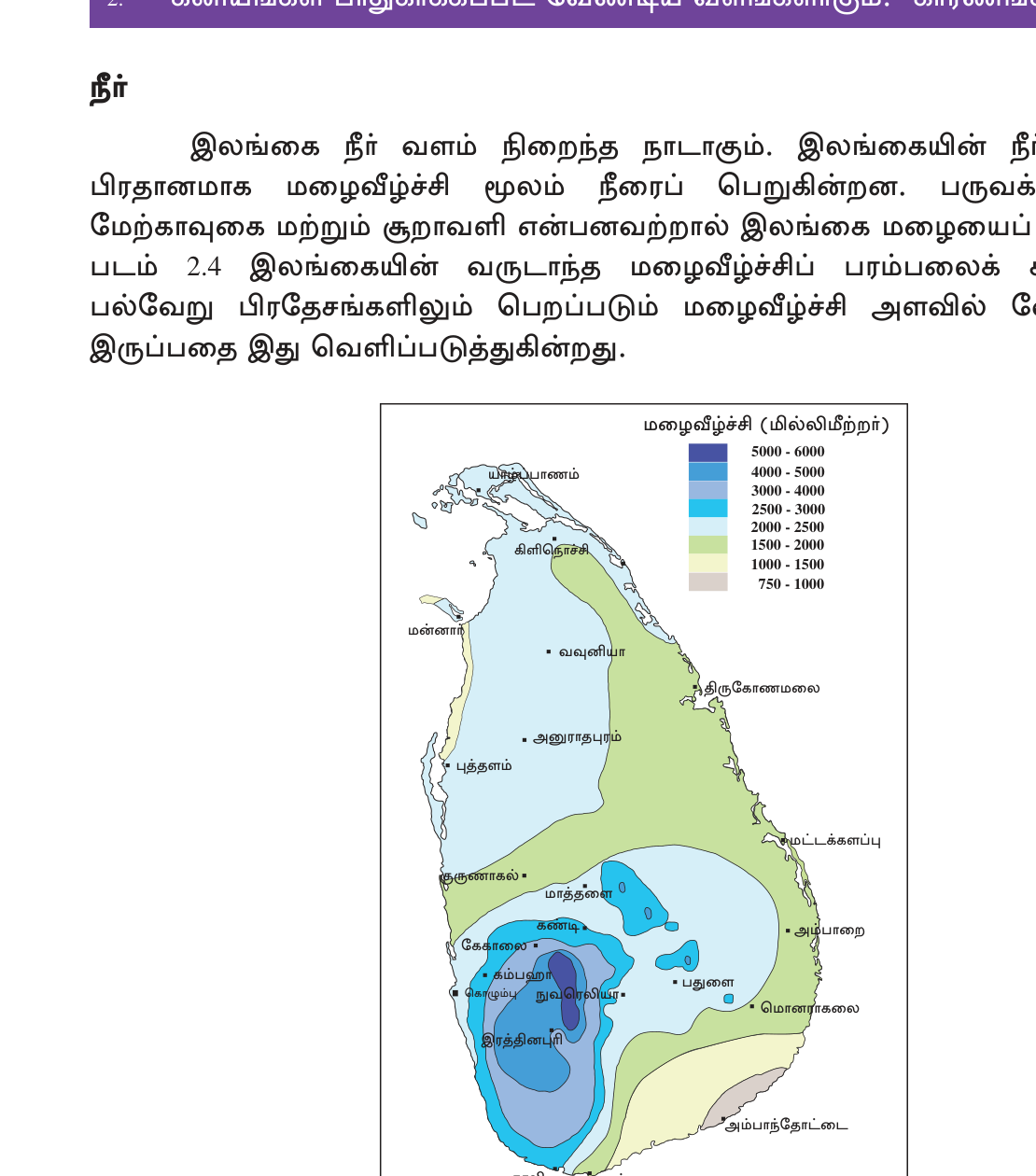 வரைபடம் 2.5 — இலங்கையின் முக்கிய ஆறுகள்: 103 ஆறுகள்; Mahaweli (335 km — மிக நீளம்) radial pattern மலையிலிருந்து.
