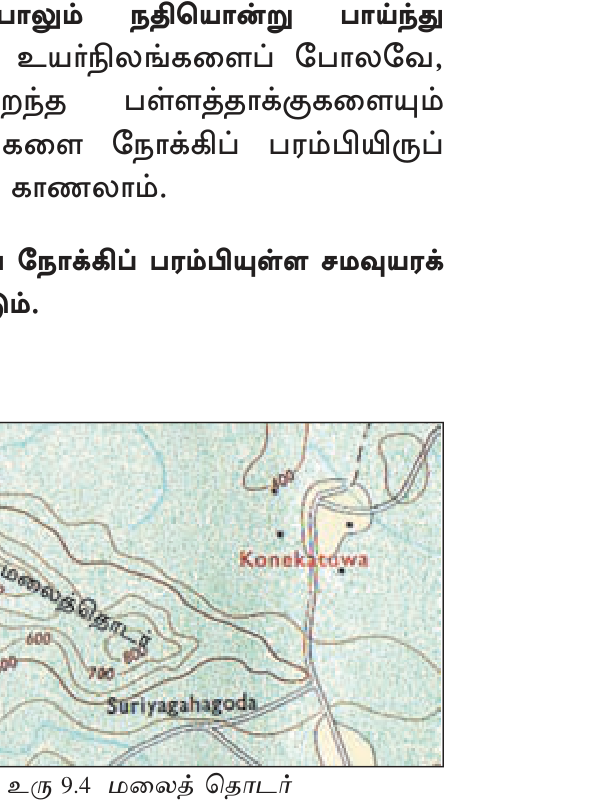 உரு 9.5 — மலைத்தொடர் (Mountain Range): linear chain of high contours.