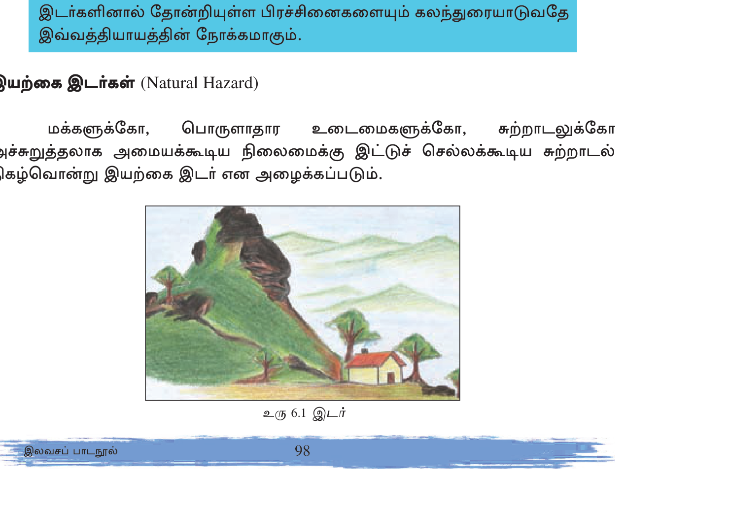 உரு 6.1 — இயற்கை இடர்களின் சேர்க்கை: நிலநடுக்கம், எரிமலை, சுனாமி, சூறாவளி, வெள்ளம், வறட்சி, நிலச்சரிவு.