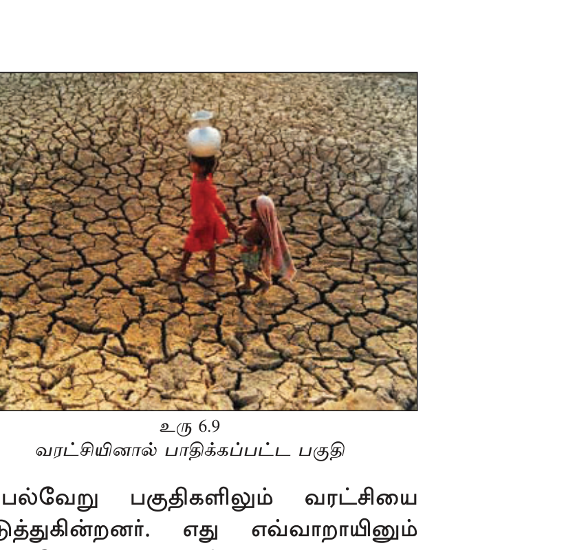 உரு 6.9 — வறட்சி landscape: dried-up reservoir, cracked earth, dead crops, starving livestock.