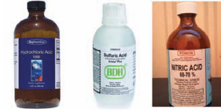 படம் 7.1 — பொதுவான ஆய்வுகூட அமிலங்கள்: HCl, H₂SO₄, HNO₃.