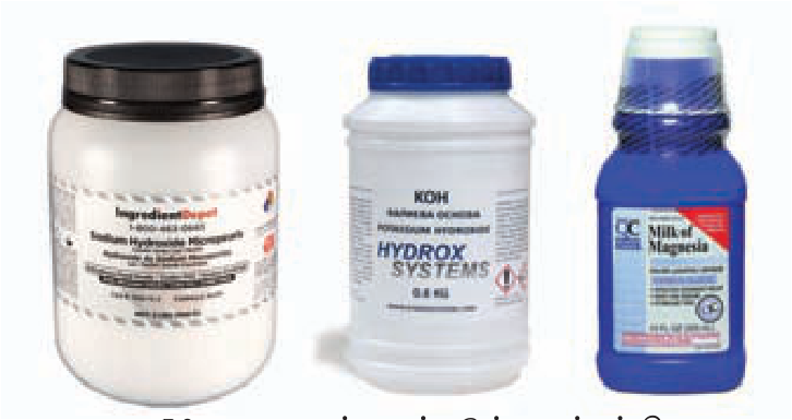 படம் 7.3 — பொதுவான மூலங்கள்: NaOH, KOH, Milk of Magnesia (Mg(OH)₂).