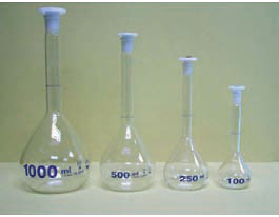 படம் 3.3 — அளவீடு குப்பிகள் (volumetric flasks) 1000 / 500 / 250 / 100 cm³ — சரியான molarity-க்கு essential.